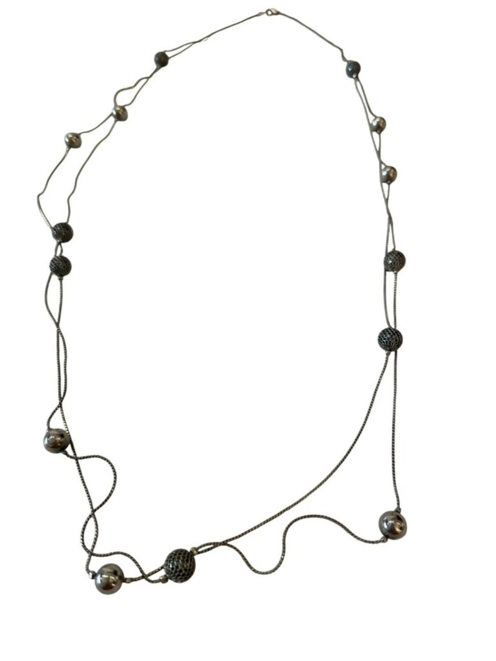 Station Necklace Silver Tone Beaded Chain Mixed Textured Spherical Beads Layered